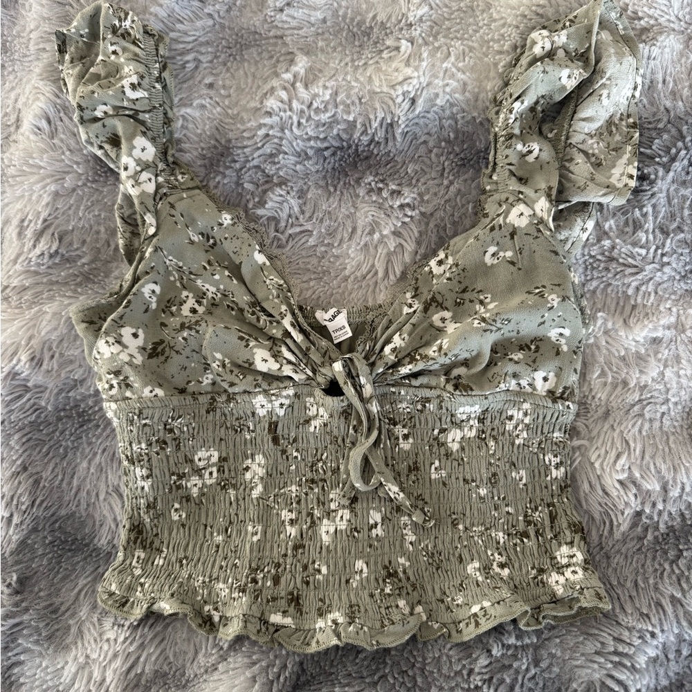 Garage Olive Floral Smocked Blouse